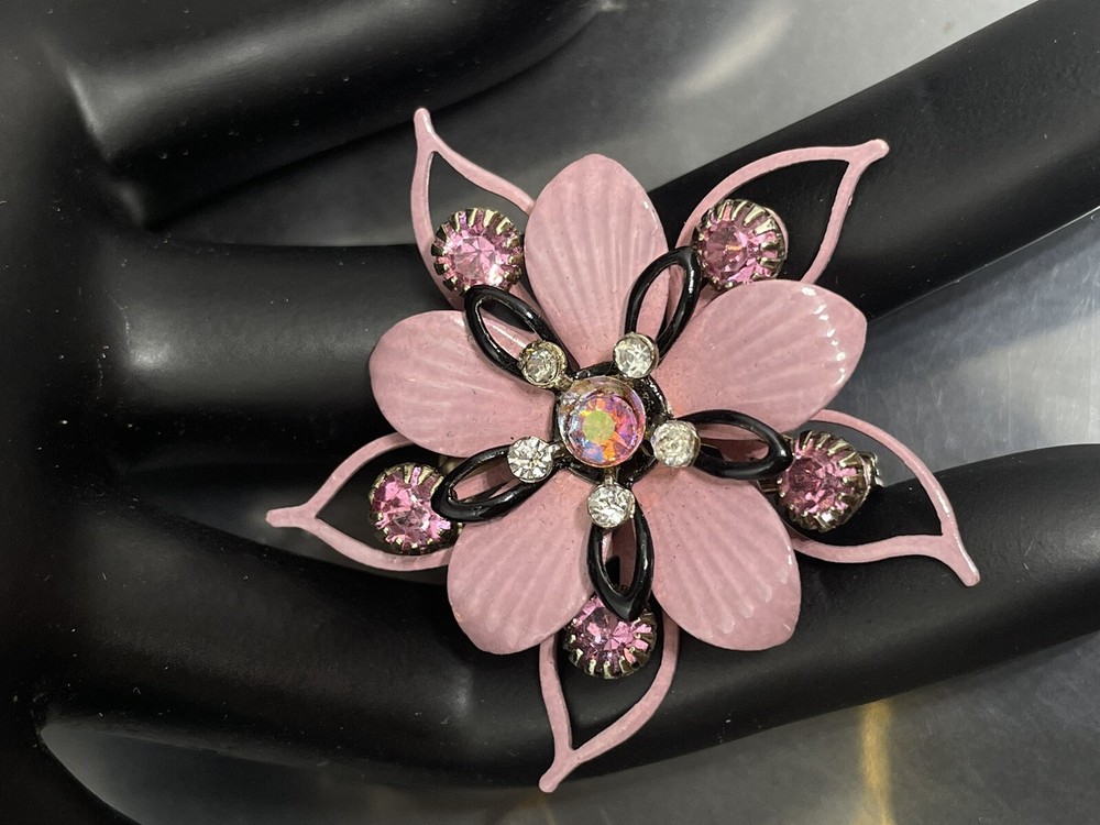 Vintage Pink Enamel Multicolor Crystals Rhinestones Flower 1.5” Retro Pin Brooch