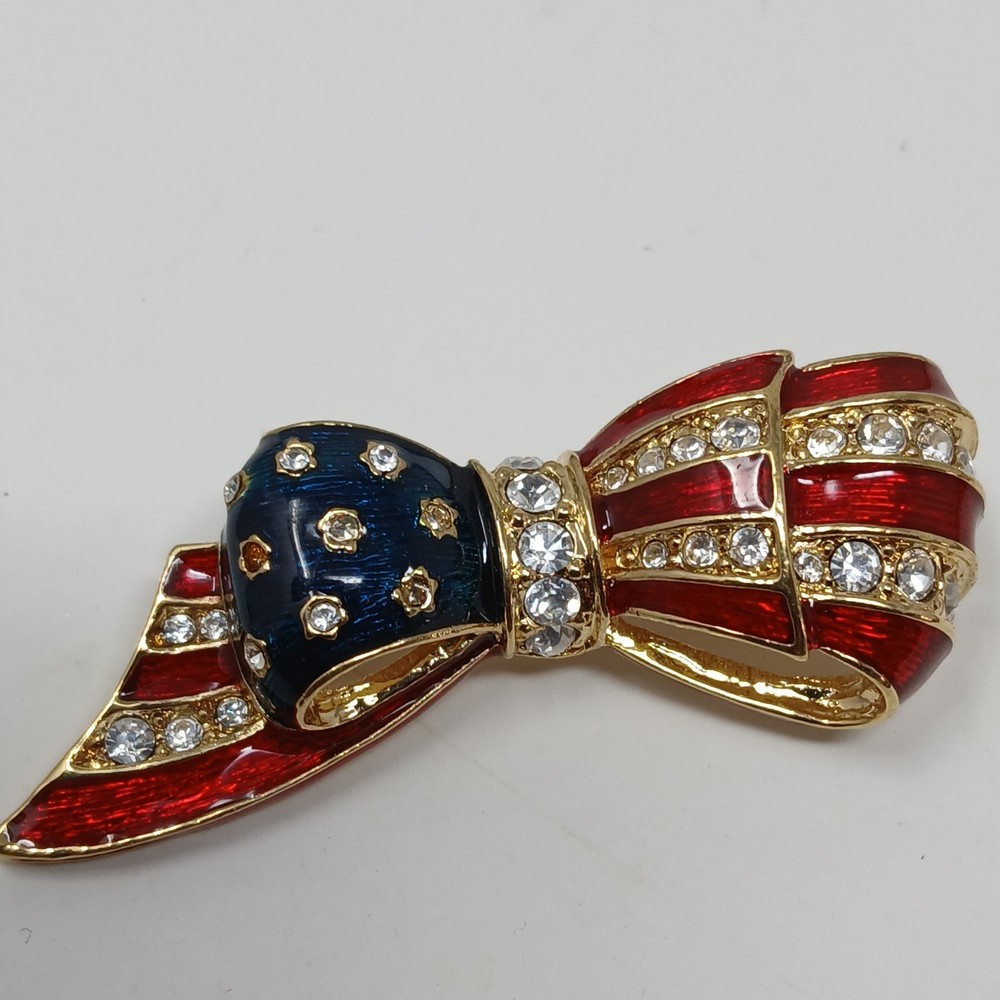 Vtg Signed Carolee Patriotic American Flag Bow Brooch Pin Enamel Diamanté Read