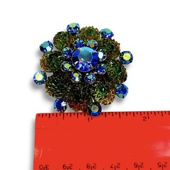 Vintage Unsigned Judy Lee Molded Lava Glass Peacock AB Rhinestone Flower Brooch