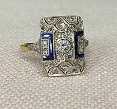 Vintage Art Deco Round Cut Lab Created Diamond &Sapphire Wedding 925 Silver Ring