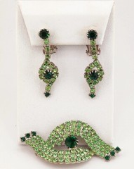 JULIANA STYLE EMERALD GREEN & LIME RHINESTONES BROOCH & DANGLE CLIP-ON EARRINGS
