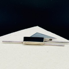 Vintage Signed Mexico 925 Sterling Silver Taxco Modernist Onyx Brooch Geometric