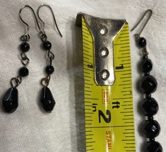 Vintage M.I. Western Germany Black Faceted Glass Necklace 16” + Earrings