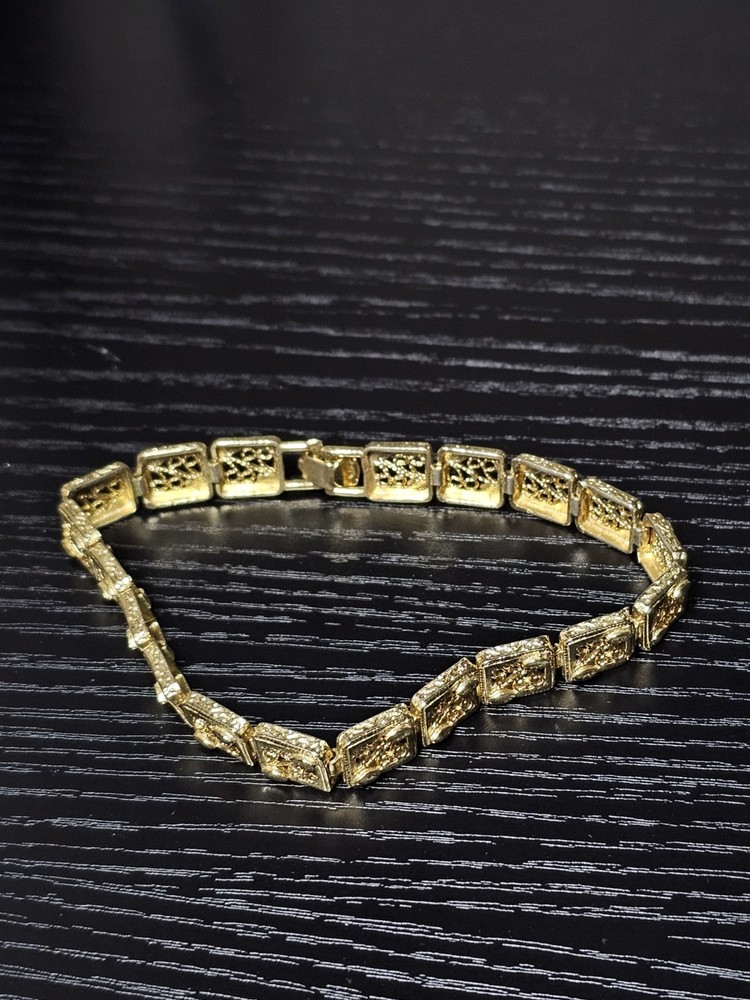 Gold Tone Filigree Square Link Bracelet Openwork Panel Fold Over Clasp