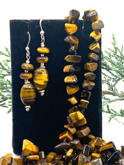 Vintage, 925, Sally Treasures, Tigers Eye 40″ knotted nugget necklace & earrings