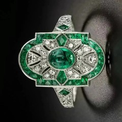 Art Deco Style Oval Cut Emerald & Lab Created Diamond Engagement 925 Silver Ring