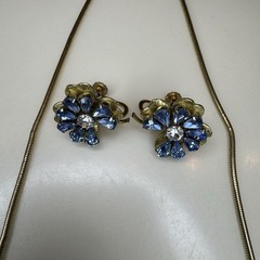 Vintage Krementz Blue Floral Necklace Earrings, 14k Rolled Gold