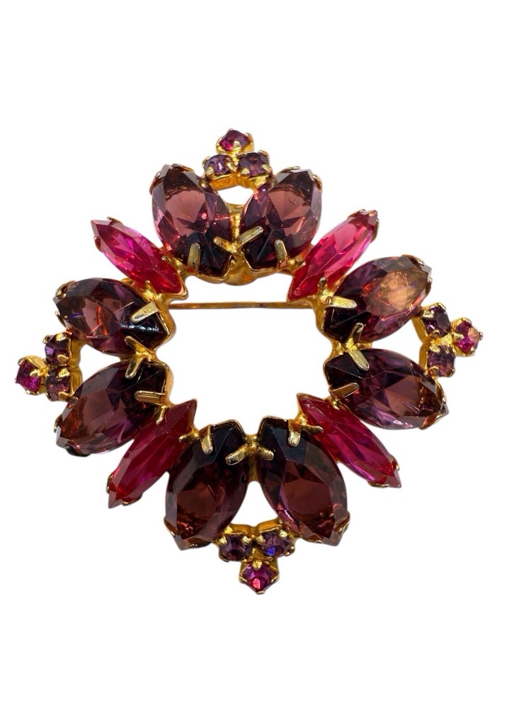 Vtg Rhinestone Brooch Amethyst Purple Fuchsia Pink Gold Plate Navette Marquis B4