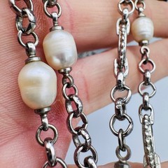 Vintage Baroque Pearl Opera Length Necklace Silver Tone Station Chain 45 in 50g