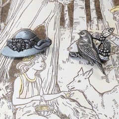 Lot 4 Vintage Birds & Blooms Pewter Pins 01-08 Cottage Limited Bird Hat Flowers