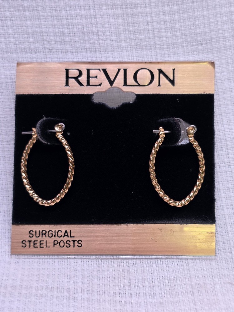Revlon NOS Gold Tone Twisted Oval Hoop Earrings Surgical Steel Posts 1998