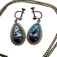 Sterling Silver Blue Morpho Butterfly Wing Earrings & Reversible Necklace Vtg