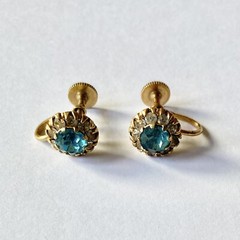 Halo Aquamarine Blue Rhinestone Vintage Gold Tone Vargas Screw Back Earrings