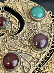 Vintage Brass Persian Kashmir Gemstone Necklace Hammered Bib Statement No Chain