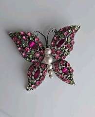 1970s Butterfly Pin Rhinestones of Pink and Green with Pearls