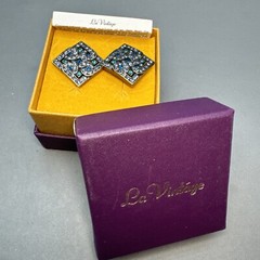 LaVintage Signed Art Deco Style Blue Rhinestone Antiqued Brass Earrings NIB