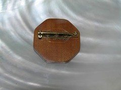 Vintage Wood Mosiac Flower Octagon Pin Brooch – just under 1.25 inches in