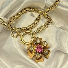 Vintage 12k Gold Filled Pocket Watch Sugar-Puff Link Chain FOB Dog Clip,Pink Gem