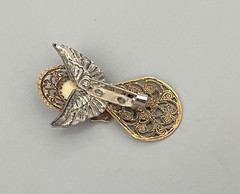 Vintage Gold & Silver Tone Metal Angel Brooch Faux Pearl Open Cut Details 1.75”
