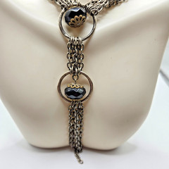 VTG Statement Necklace Layered Chain Black Beads Silvertone 18 in overall length