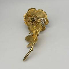 JOSE MARIA BARRERA Rose Huge Brooch Rhinestone Gold Tone Flower Vintage Pin 4.5″