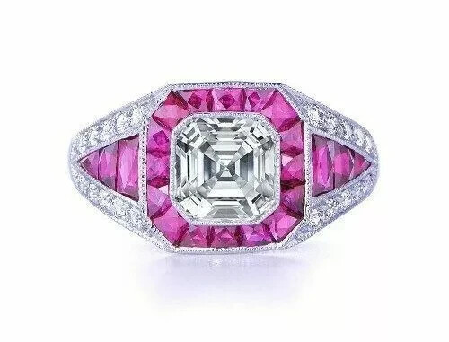 Art Deco Style Lab Created Diamond & Sapphire Engagement 14K White Gold FN Ring