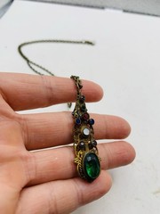 Vintage Gothic Green Colorful Rhinestone Filigree Cutout Bronze Tone Necklace