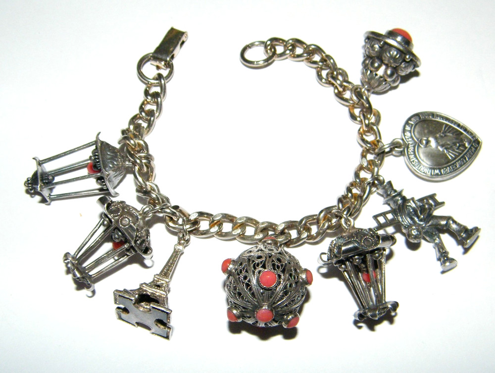 Vintage European Travel Charm Bracelet w/ Filigree Work & Coral Beads