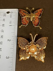 Set of 2 Butterfly Pin Brooches Gold Tone Metal Faux Pearl