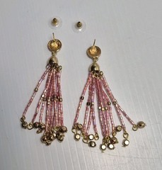 Carol Dauplaise Gold-tone Pink Beaded Fringe Tassel Drop Dangle Pierced Earrings