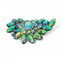 Vintage 1950s Peacock AB Emerald Rhinestone Brooch Silver Tone Marquise Chaton