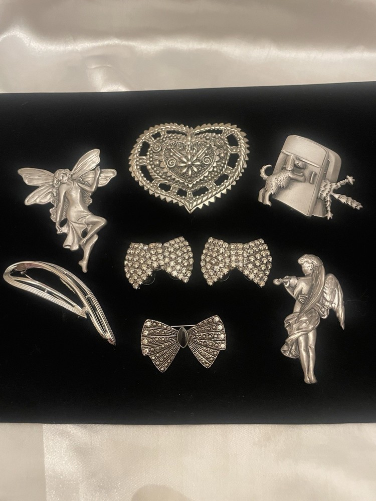 VTG Brooch Jewelry Lot Silver Tone FAIRY HEART ANGEL DOG BOW Rhinestone Clips