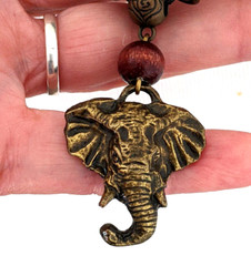 Elephant Pendant Necklace w Millefiori African Trade Beads Wood & Metal Beads