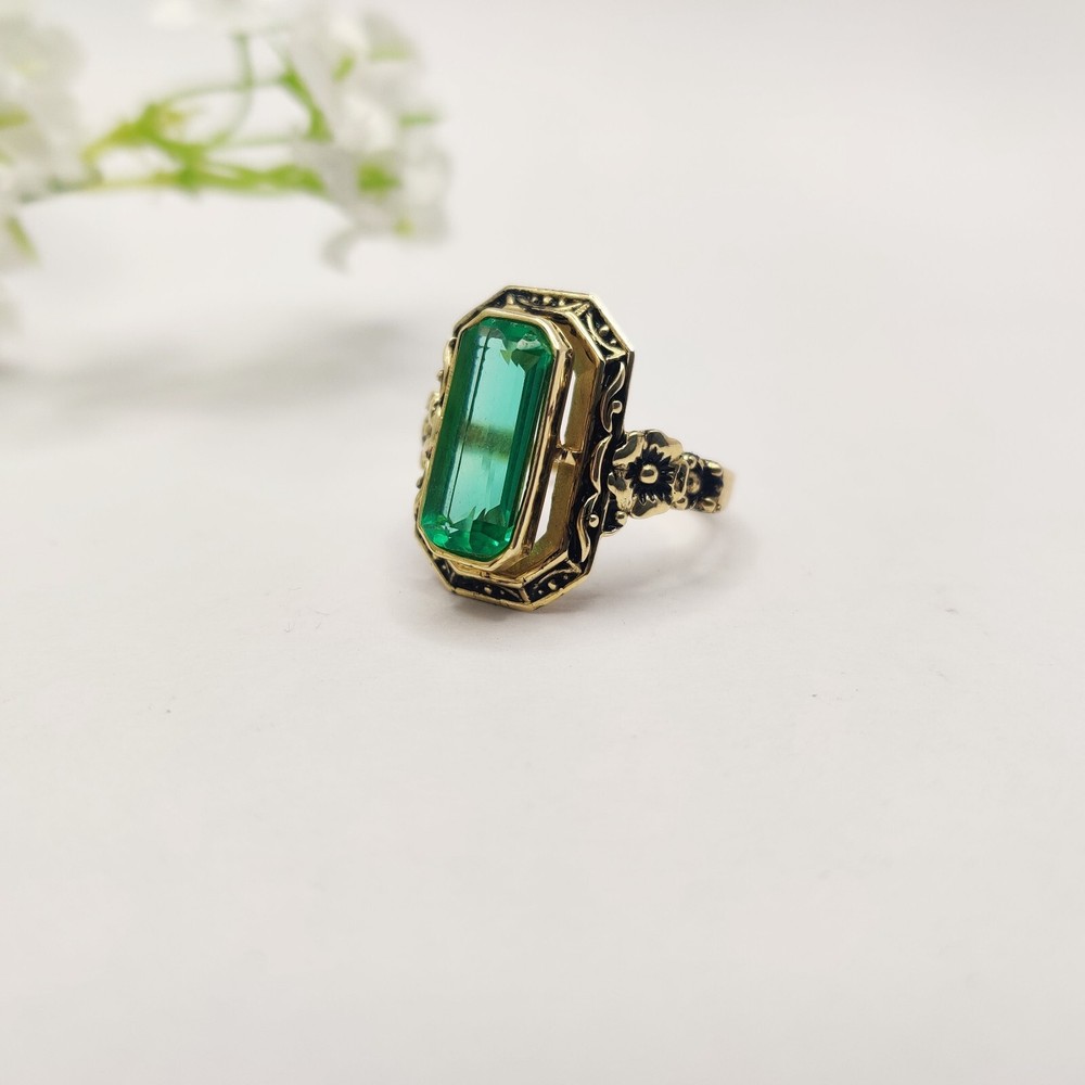 925 silver created emerald ring vintage antique Handmade Size 7