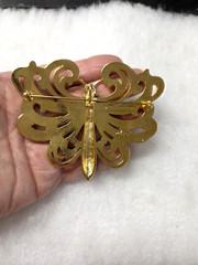 Vtg Cindy Adams Butterfly gold tone epoxy rhinestone huge pendant Pin