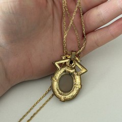 Vintage Opaline Glass Cabochon Aries Ram Pendant Gold Tone Necklace 24″