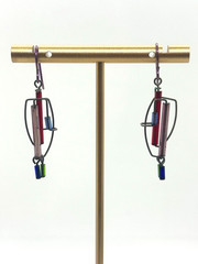 Vintage Barbie Levy Art Glass Earrings Dangling Blue Purple Red Abstract