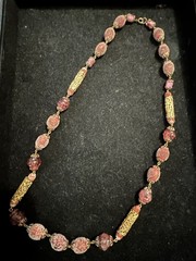 VTG Burgundy Glass Bead Necklace: Frit Sugared, Molded, Open Work Metal 26 In