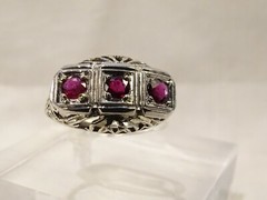 Antique Art Deco Filigree 14 K White Gold 3 Stone Ruby Sz 6 Cocktail Ring