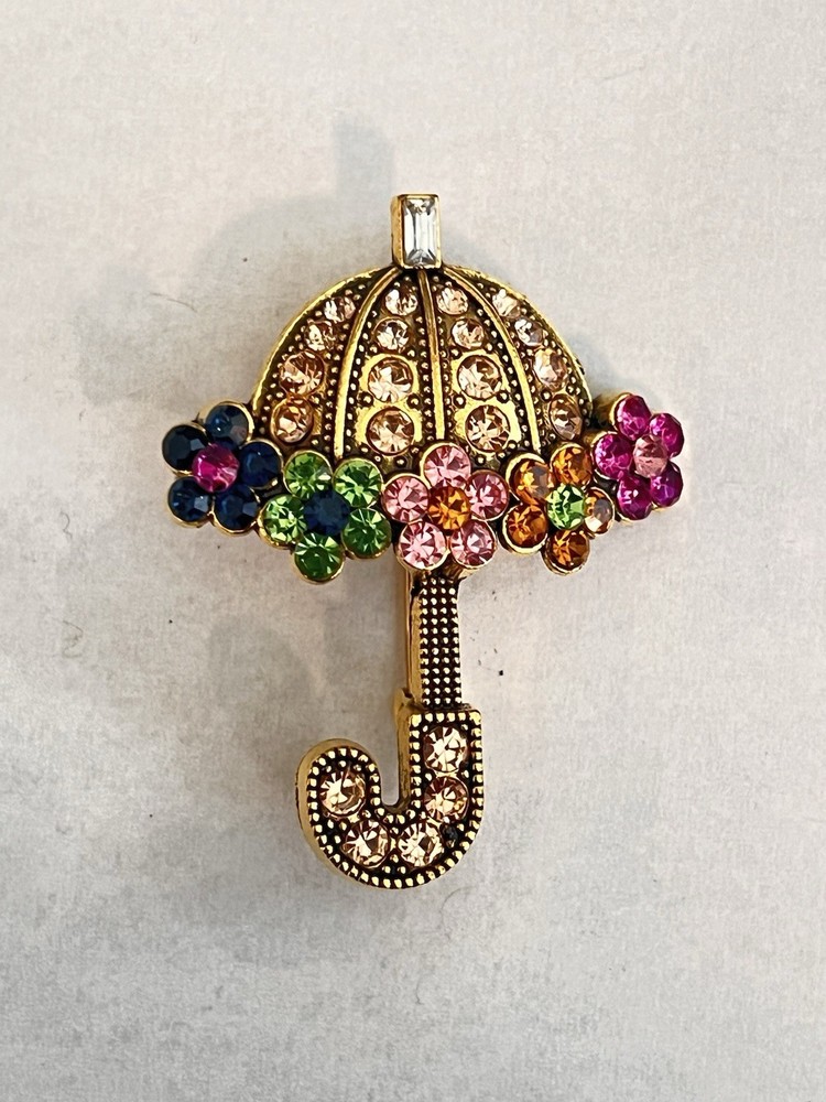 Vintage Style Umbrella Brooch Pin – Multicolor Rhinestone Floral Umbrella