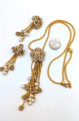 Vintage Rhinestone Tassel Necklace Earrings Set Glass Pearl Dangle (READ)