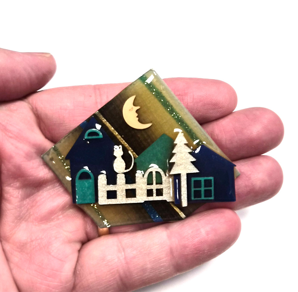 Vintage House Pins by Lucinda Kitty Cat Home Crescent Moon in Sky Pin / Brooch