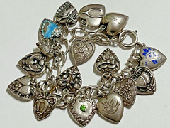 Vintage Puffy Hearts Charm Bracelet Estate Sterling Silver Heart Charms 32gr US