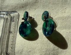 Green Resin Gold Double Circle Drop Earrings Mermaid Art Deco Boho Coastal