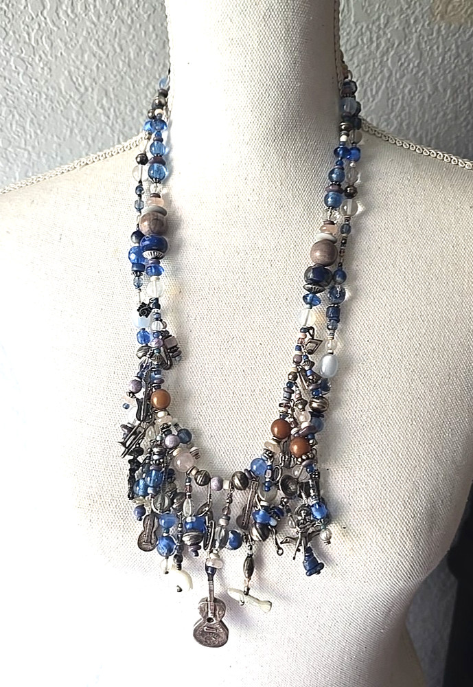 Vtg Southwestern Artisan Boho Musical Charms Many Sterling Glass Necklace 28″L
