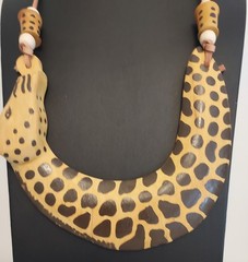 Vintage Giraffe-shaped Pendant Statement Necklace Wood Leather African Folk Art