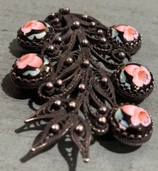 Vintage Russian Rostov Finift Filigree Hand-Painted Porcelain Cabochons Brooch