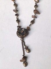 Tiger’s Eye Flower Stone Chip Brass Necklace Earring Set Signed NR Nancy & Rise