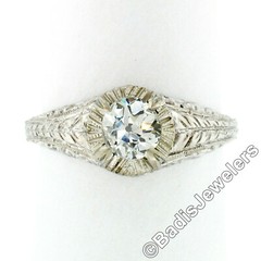 Vintage 14k White Gold 0.68ct Old Cut Diamond Solitaire Filigree Engagement Ring