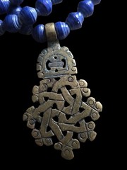 Vintage Lapis Blue Color 3 Strand With Brass Pendant Necklace